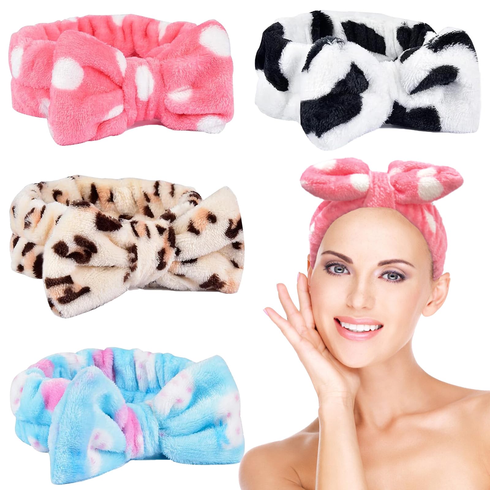 KEYRI Pack of 4 Spa Bowknot Hair Bands, Elastic Coral Fleece Face Headband for Women, Makeup & Face Washing, Yoga (White, Pink, Blue, Leopard, One Size)