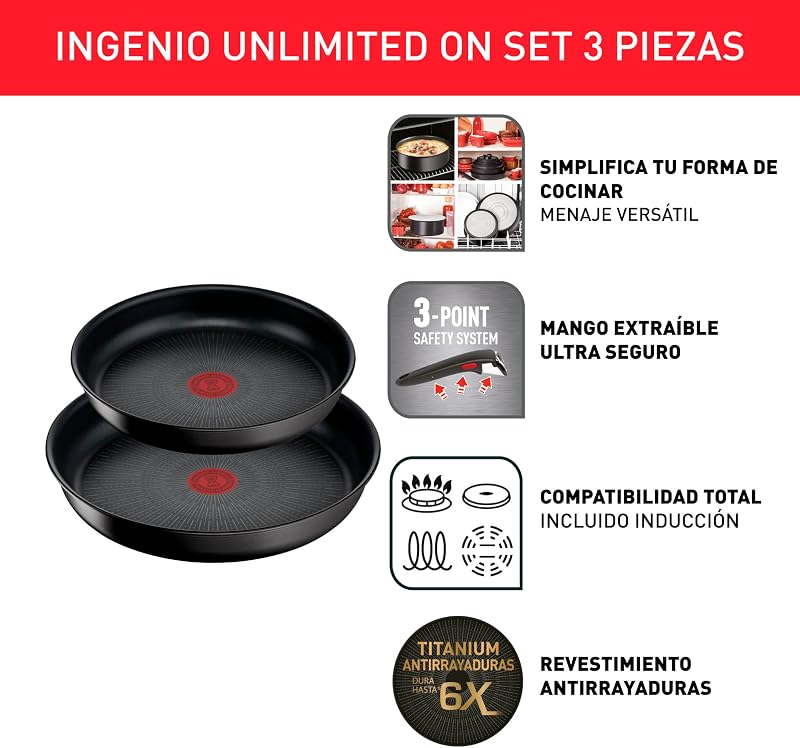 Tefal ingenio unlimited on - conjunto de 2 frigideiras + pega amovível: frigideiras 22 e 26 cm, pega intercambiável, frigideiras antiaderentes, revestimento titânio, termo-sinal, cor preto — foto 3 de 8