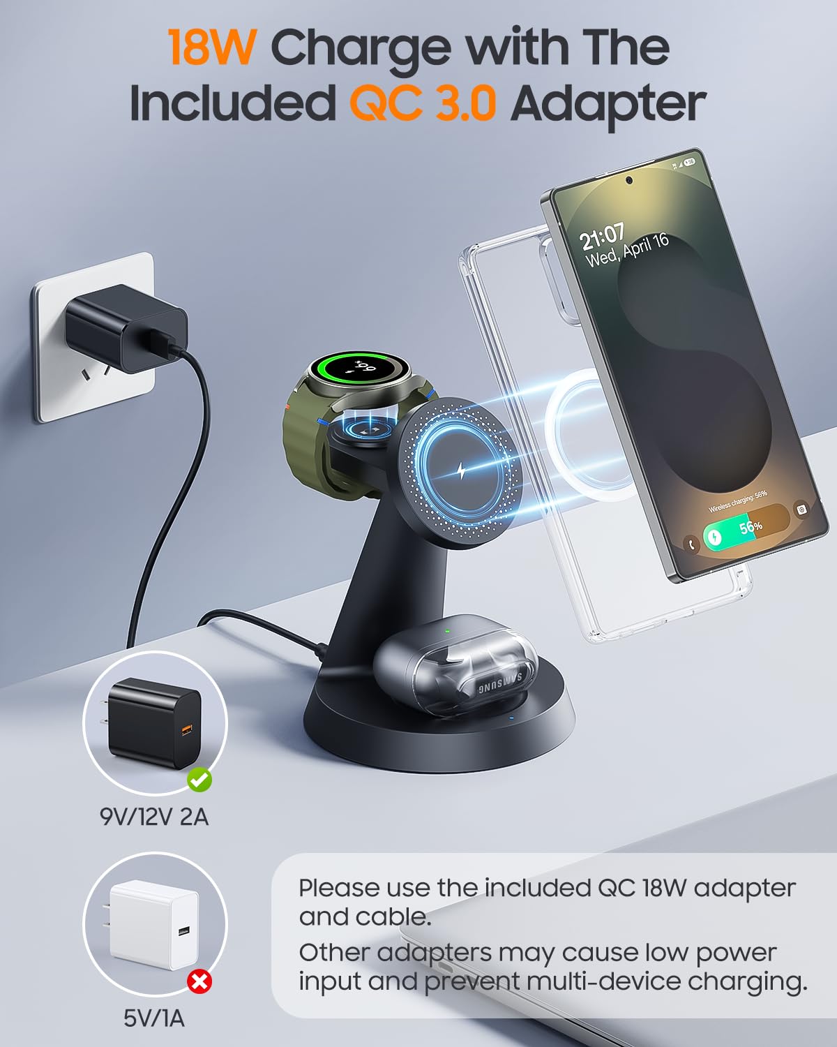 Magnetic Wireless Charger for Samsung, 3 in 1 Charging Station Compatible with MagSafe Samsung Charger for Galaxy S25 Ultra S24 Z Fold7/Flip7, Watch Charger Stand for Galaxy Watch Ultra 8 7, for Buds