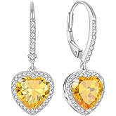 FJ Heart Dangle Drop Earrings 925 Sterling Silver Halo Leverback Earrings Birthstone Jewelry for Women