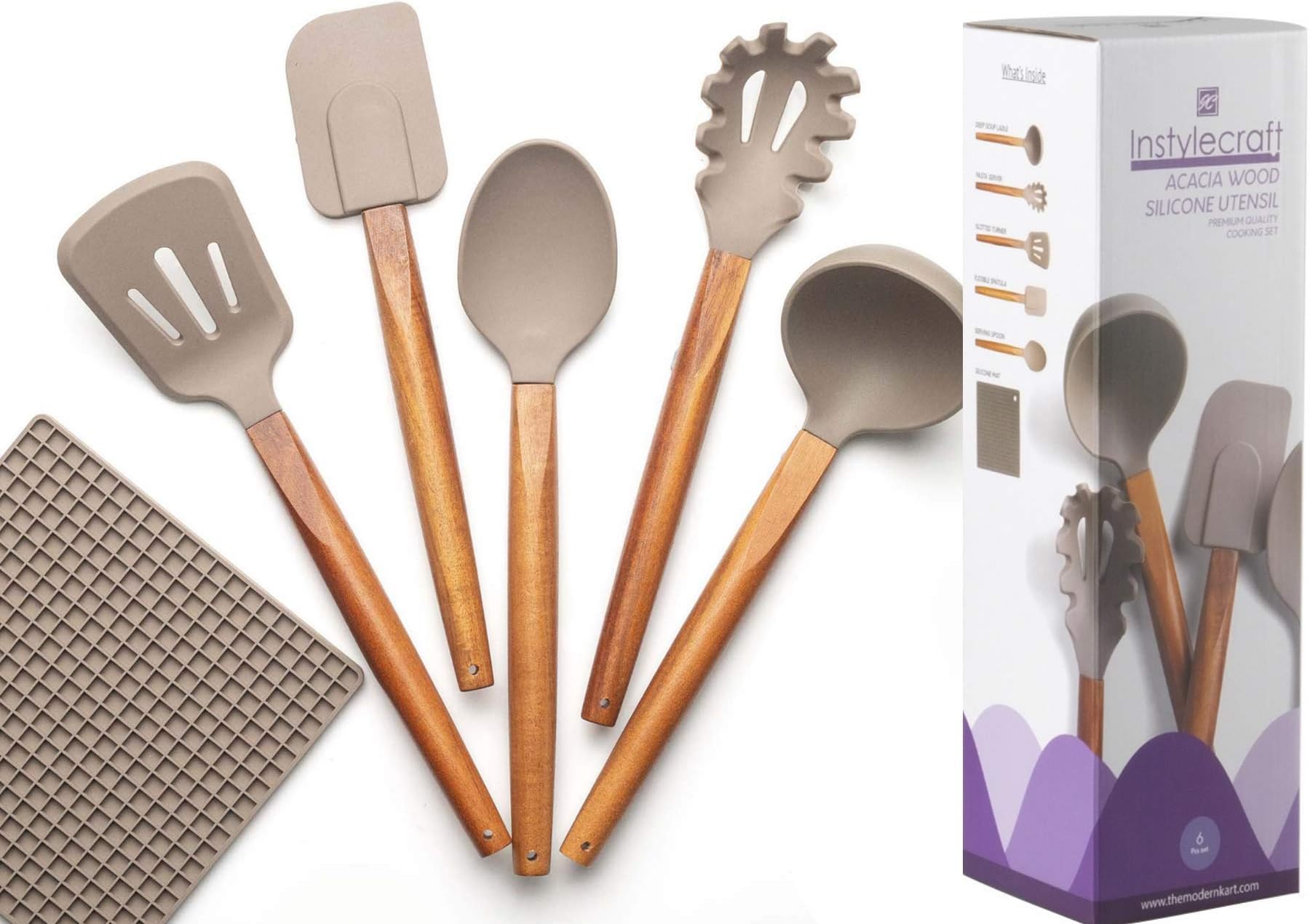 Silicone Kitchen Utensil Set with Comfortable Grip Acacia Wood Handles, Cooking set, Kitchen Utensils Tools, Wooden Handle Spoons, Multi-functional TRIVET MAT BPA Free, Non Toxic, FOOD-GRADE SILICONE