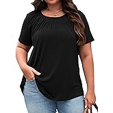 Micoson Womens Plus Size Tops Short Sleeve Shirts Crewneck Pleated Blouses Dressy Casual Fashion Tunic Top (1X-5X)