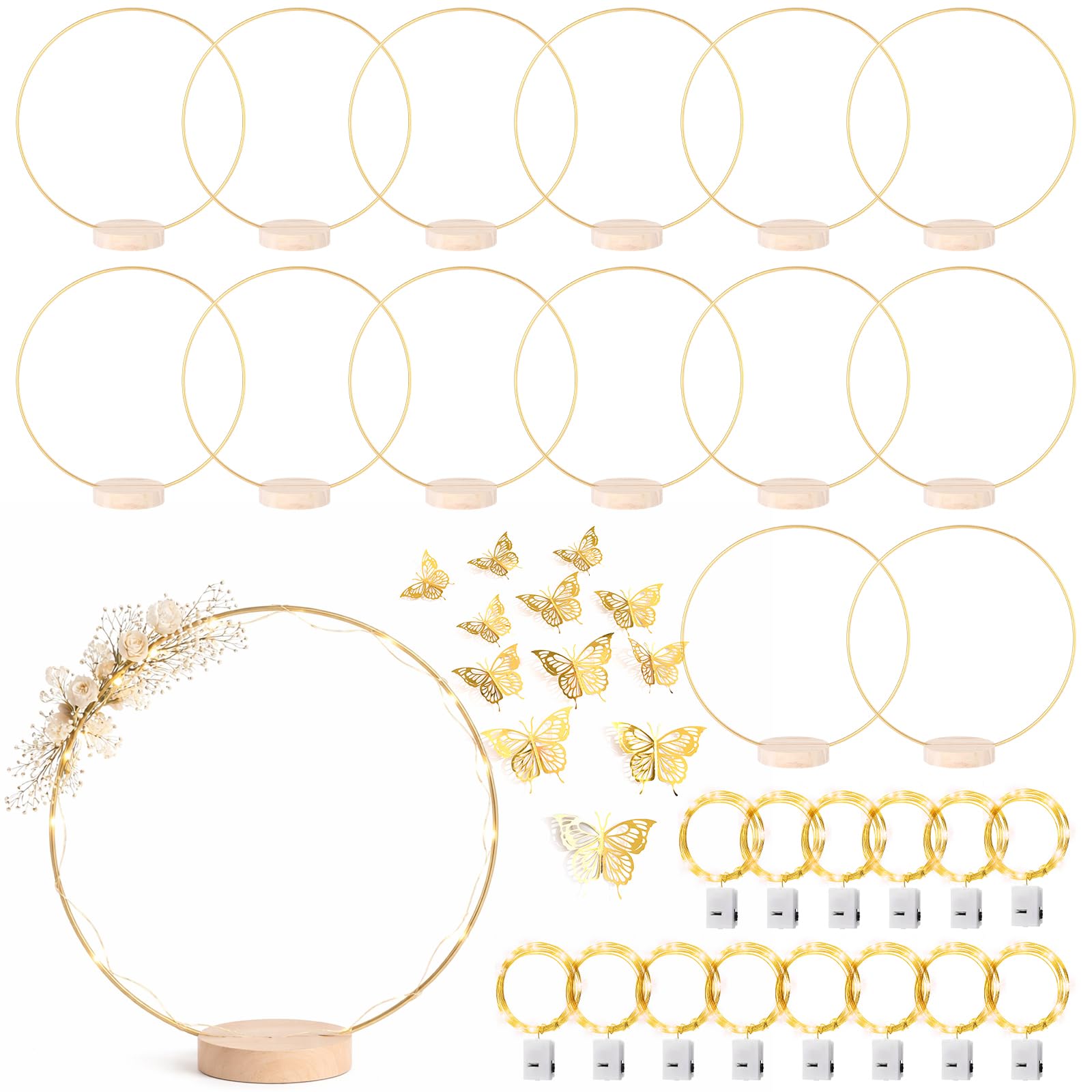 Photo 1 of 14 Pack Floral Hoop with Stand and LED Fairy Lights 8 Inch Metal Rings for DIY Centerpiece Table Decorations Crafts Macrame Rings Hoop Wreath Dream Catcher Rings Wedding Christmas Wreaths, Gold