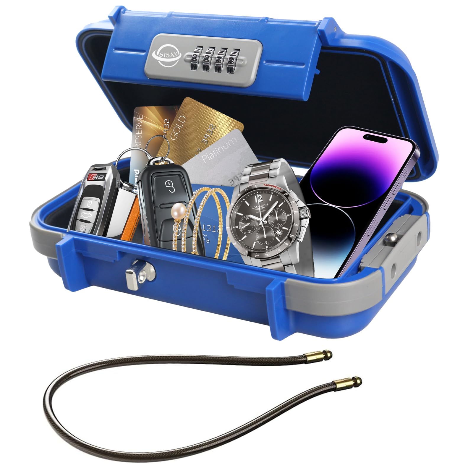 SISAV Portable Safe Box,Combination Safe with Removable Cable,Set Your Own Combination,For Travel,Family and Outdoor Camping Activities Blue
