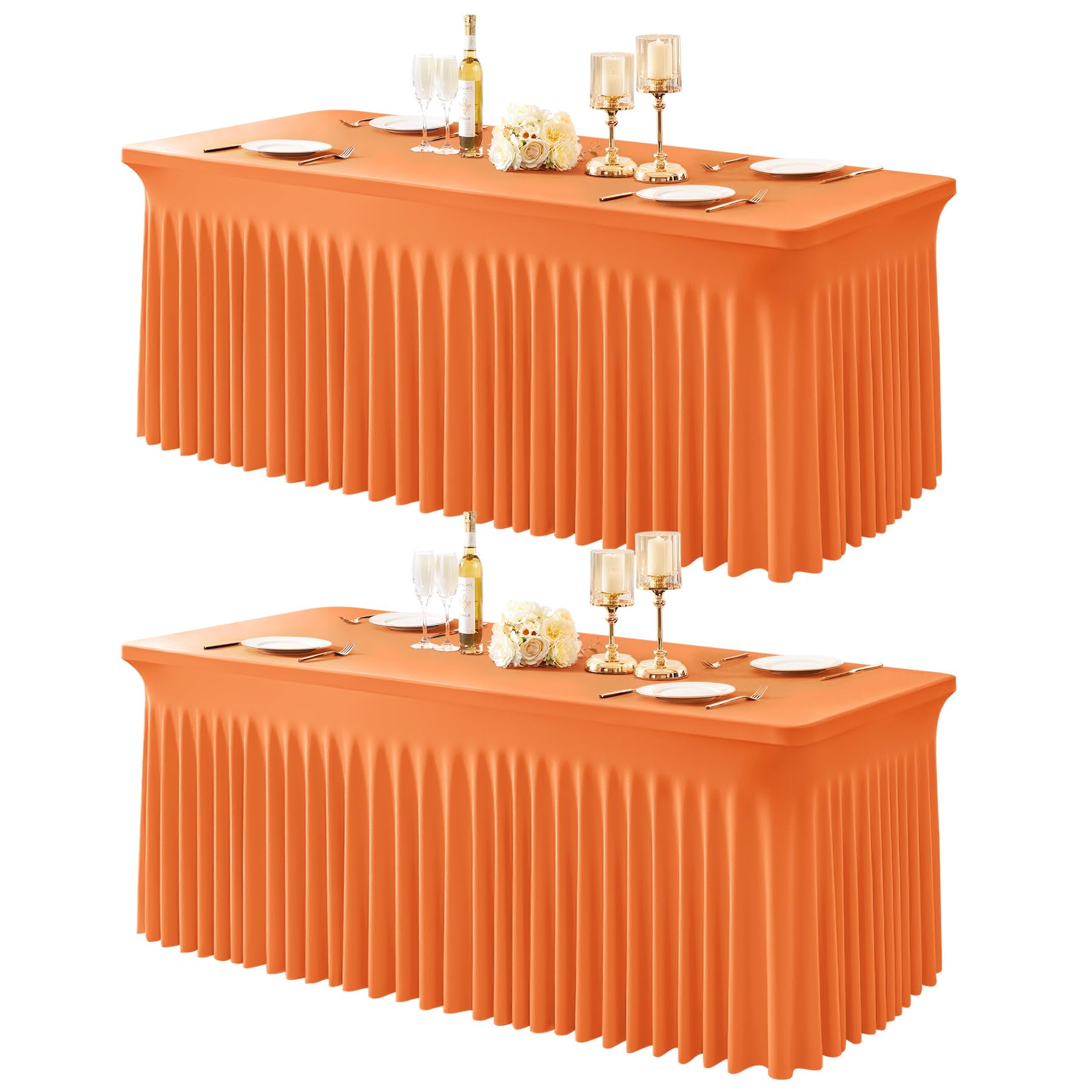 Photo 1 of 2 Packs Orange Table Clothes for 6 Foot Rectangle Tables, One-Piece Wrinkle Resistant Stretch Spandex Table Covers with Skirt for Event Banquet Wedding Birthday Party