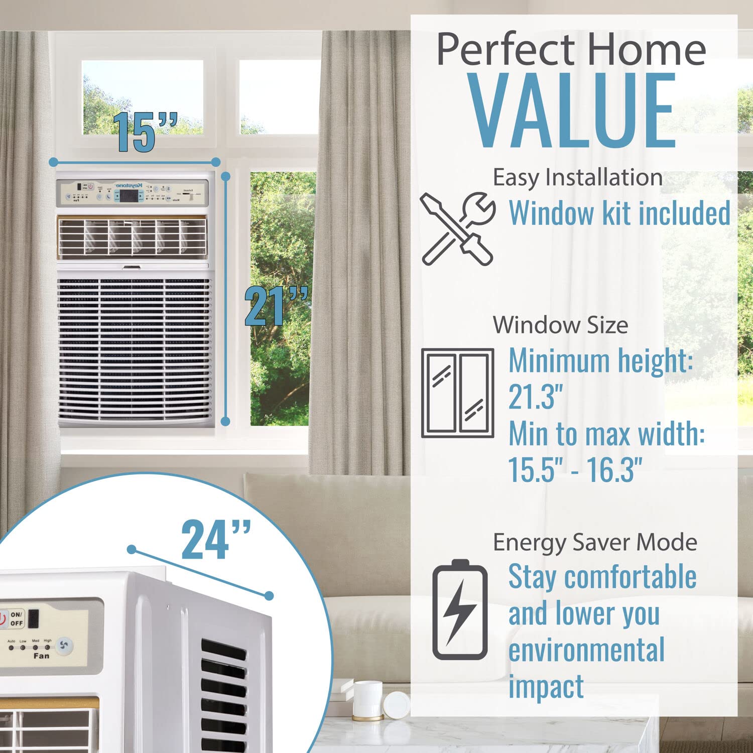 Keystone 8,000 BTU Slider Window Air Conditioner and Dehumidifier, 115V Air Conditioner Window Unit for Bedroom, Living Room, and Small-Medium Sized Rooms up to 350 Sq.Ft., 4-Way Air Direction Control