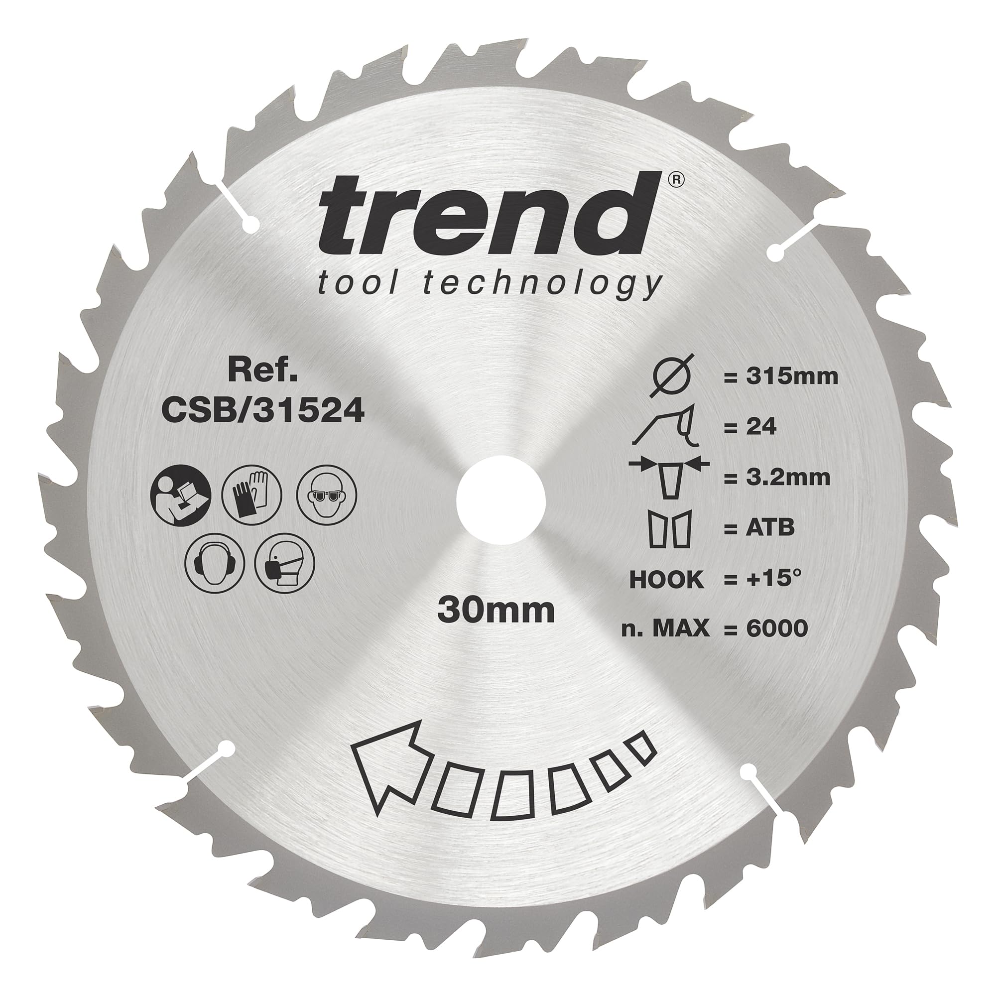 Trend Wood Circular Saw Blade, 315mm Diameter, 30mm Bore, 24 Teeth, 3.2mm Kerf, +15° Hook, TCT, Coarse Finish, CSB/31524