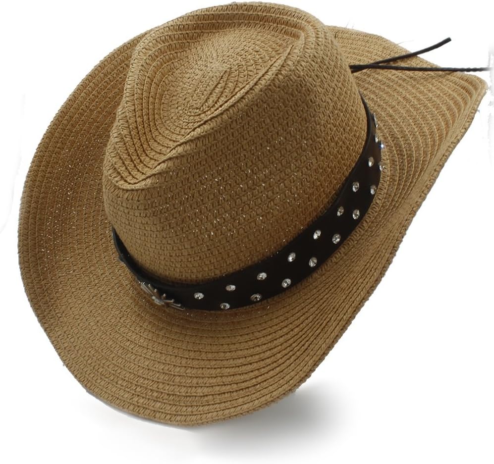 IWGR Men's Straw Western Cowboy Hat For Gentleman Sombrero Caps Witt Fashion Belt (Color : Coffee, Size : 56-58cm)