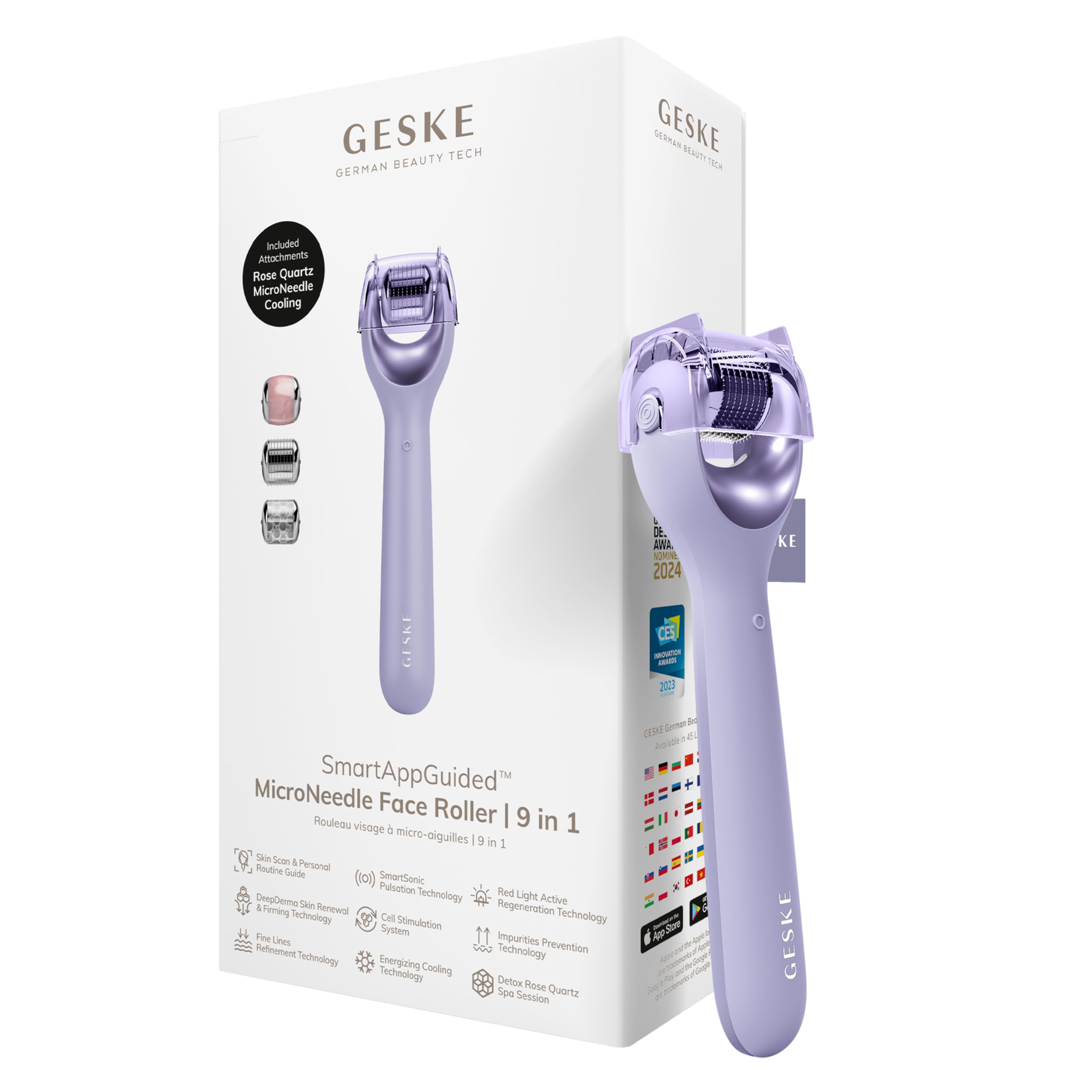 GESKE SmartAppGuided™ MicroNeedle Face Roller | 9 in 1 | Electric derma roller with rose quartz | Professional microneedling device | Needle roller | Beauty roller for face