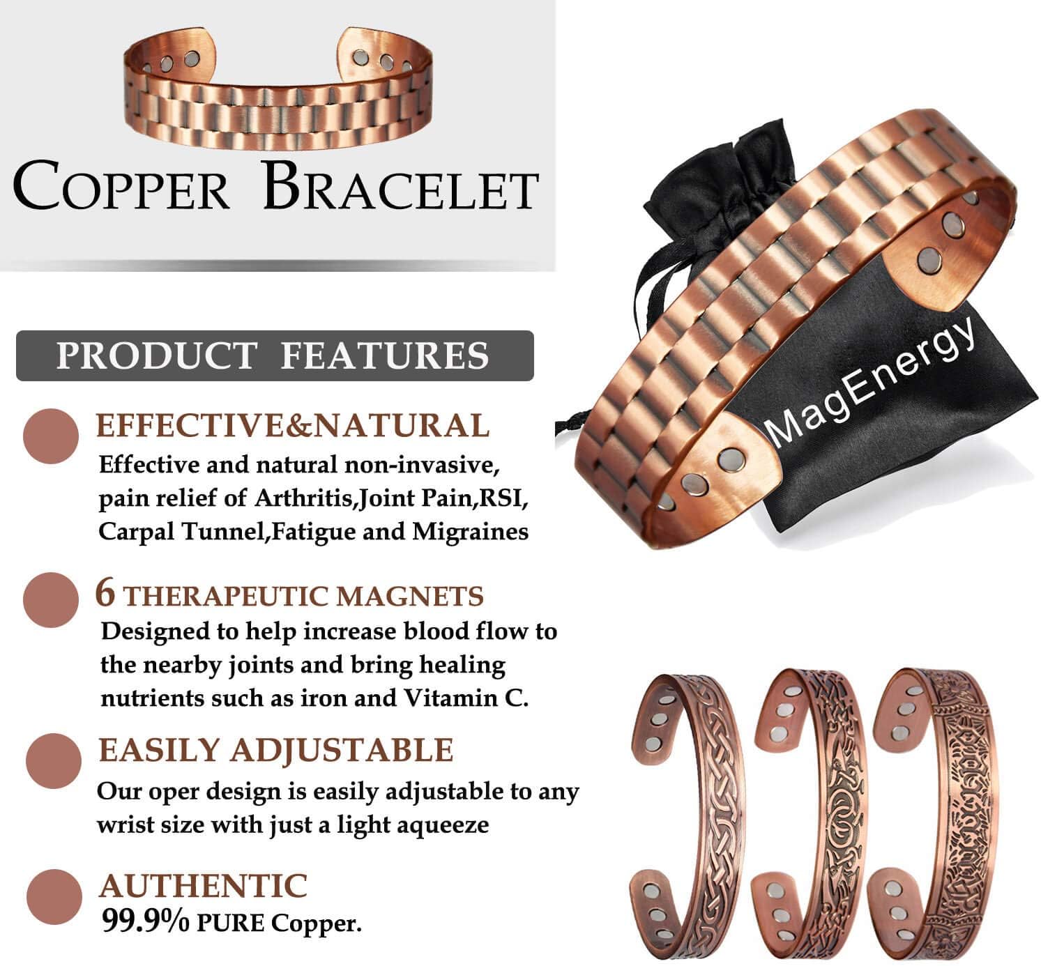 Mens Copper Bracelet 99.9% Pure Copper Magnetic Bracelet with 6 Powerful Magnets for Effective Joint Pain Relief, Arthritis, RSI, Carpal Tunnel: Health & Personal Care