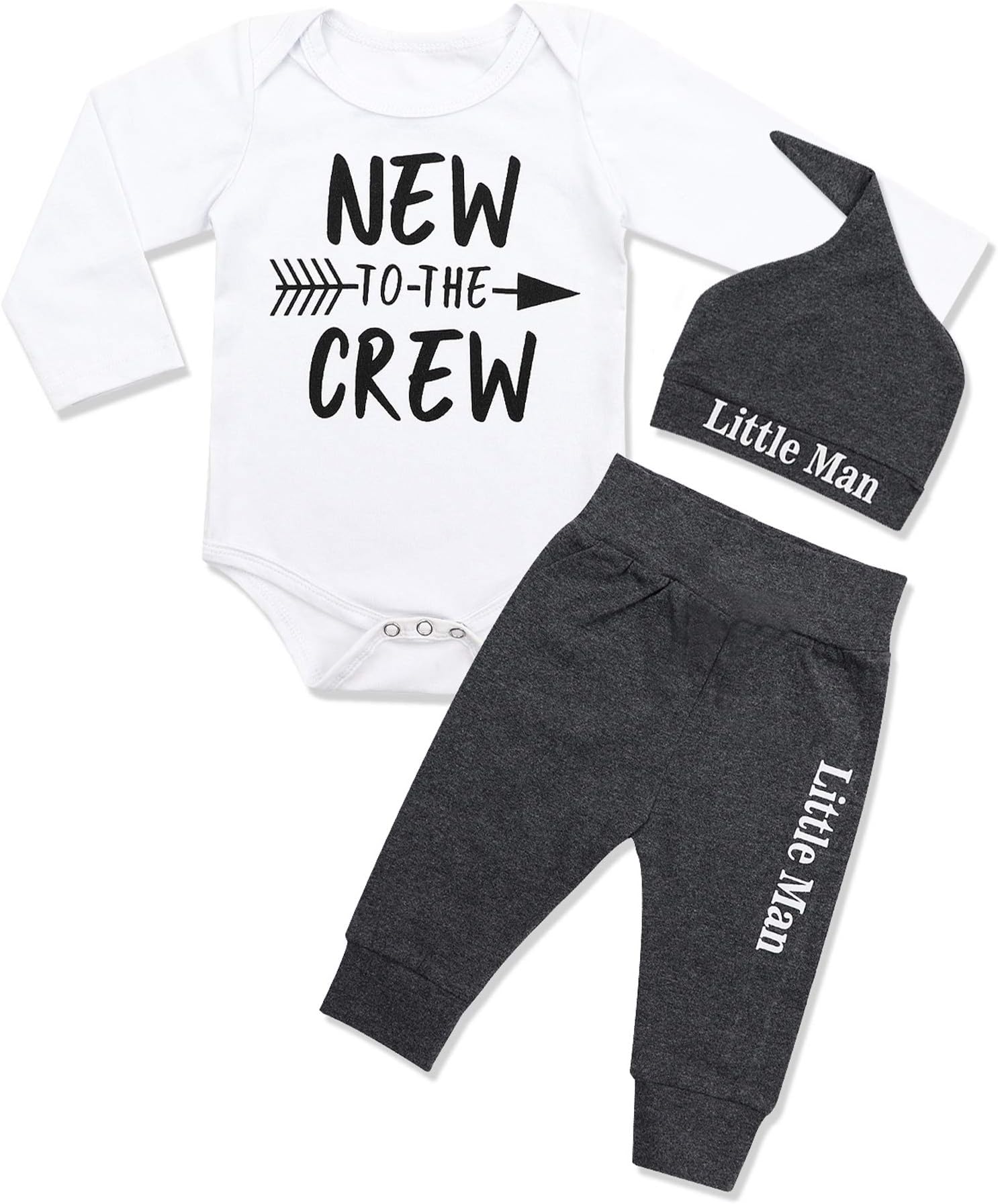 FommyNewborn Baby Boy Clothes New to The Crew Letter Print Romper+ Pants+Hat 3PCS Outfit