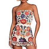 NIFTRIRY Strapless Floral Print Romper for Women Summer Vacation Outfi One Piece Jumpsuits Shorts