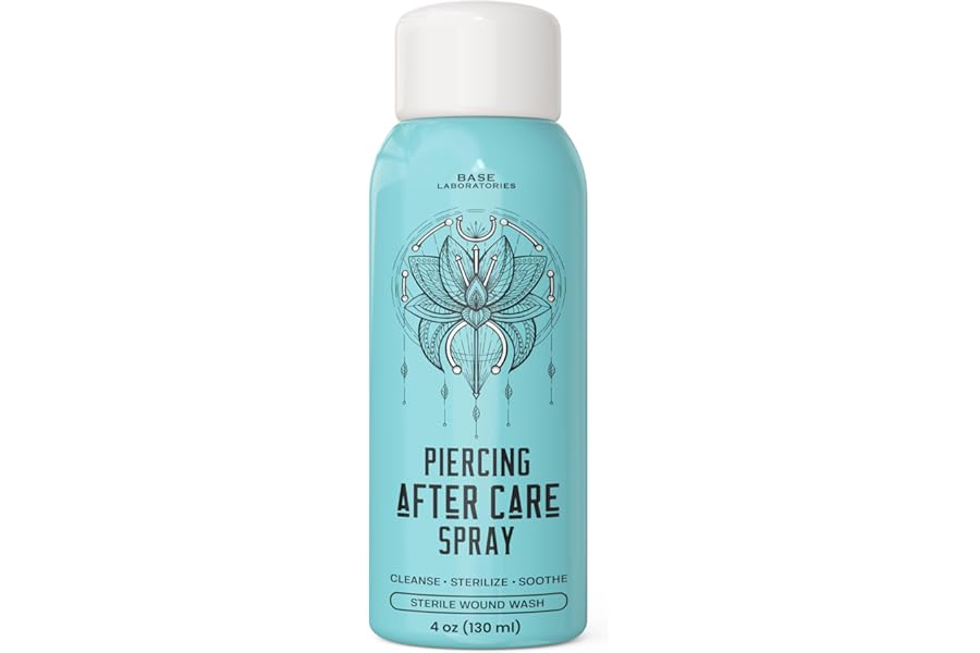 BASE LABORATORIES Piercing Aftercare Spray 4oz | Saline Spray for Piercings | Ear Piercing Cleaner Spray | Saline Solution for Piercings | Piercing & Keloid Bump Removal for Ears, Belly Nose Piercings
