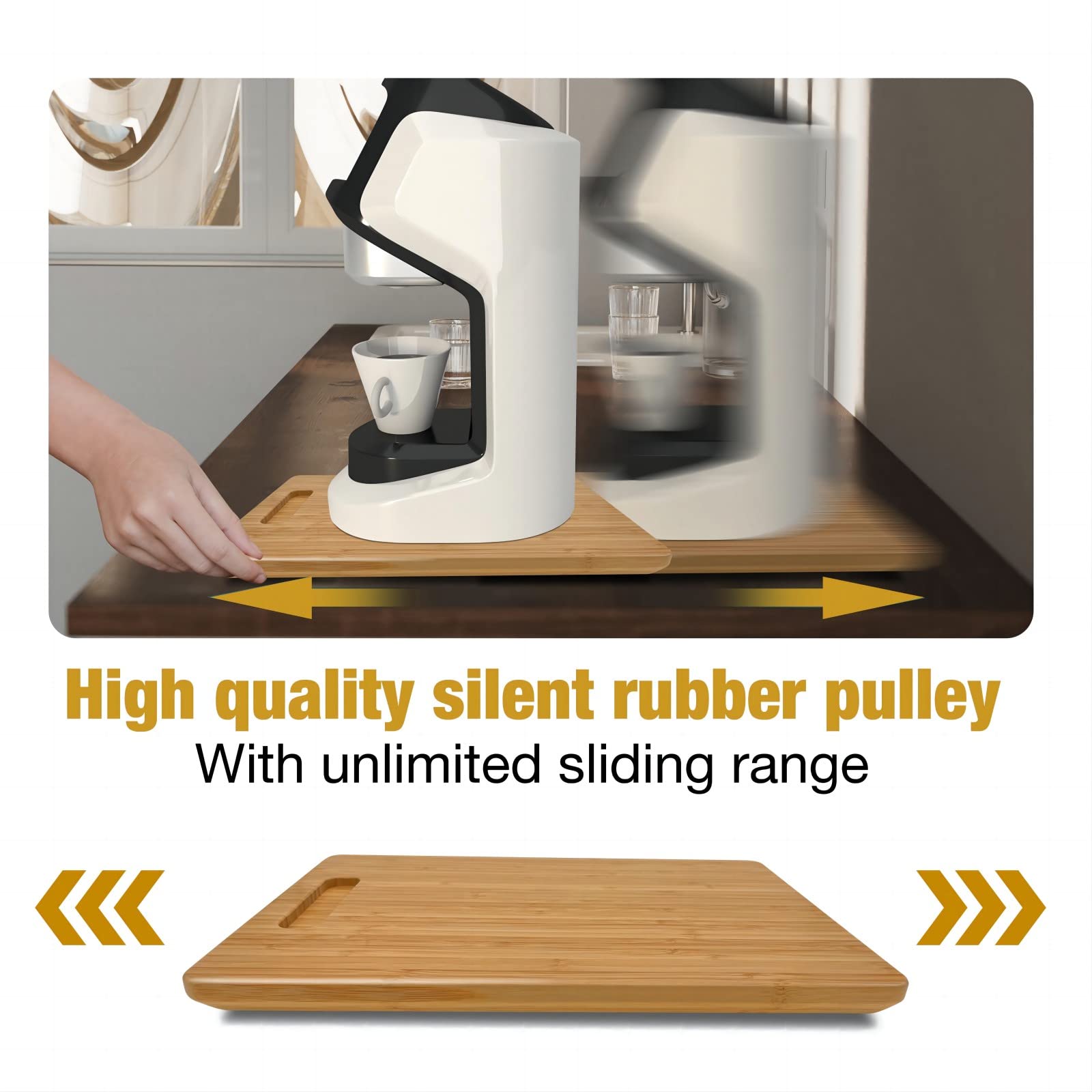 Bayting Bamboo Appliance Sliders for Kitchen Appliances, Sliding Tray with Silent Rubber Wheels for Coffee Maker, Kitchen Countertop Appliance Rolling Tray (Medium 9.5