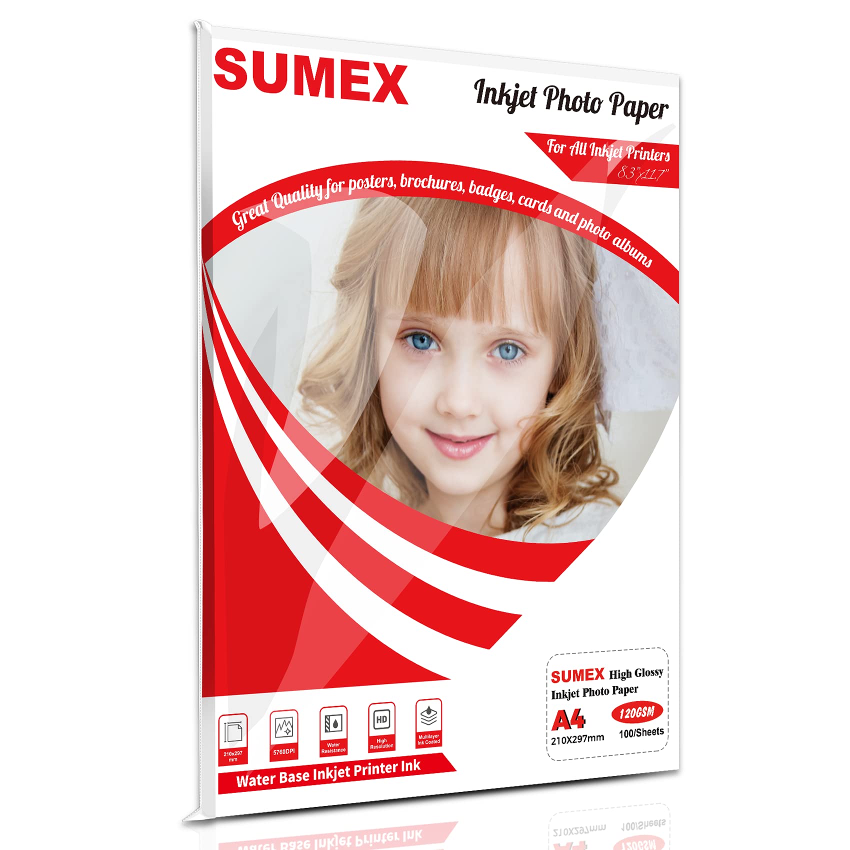 Sumex High Glossy Waterproof Inkjet Photo Paper A4x100 Size 120gsm 210 * 297mm Single Side for Dye Ink Compatiable with All Inkjet Printers