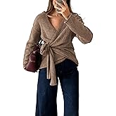 Watashi Women Casual V Neck Wrap Sweater Long Sleeve Cozy Self Tie Belted Knit Sweaters Fall Winter Outfits Cardigan