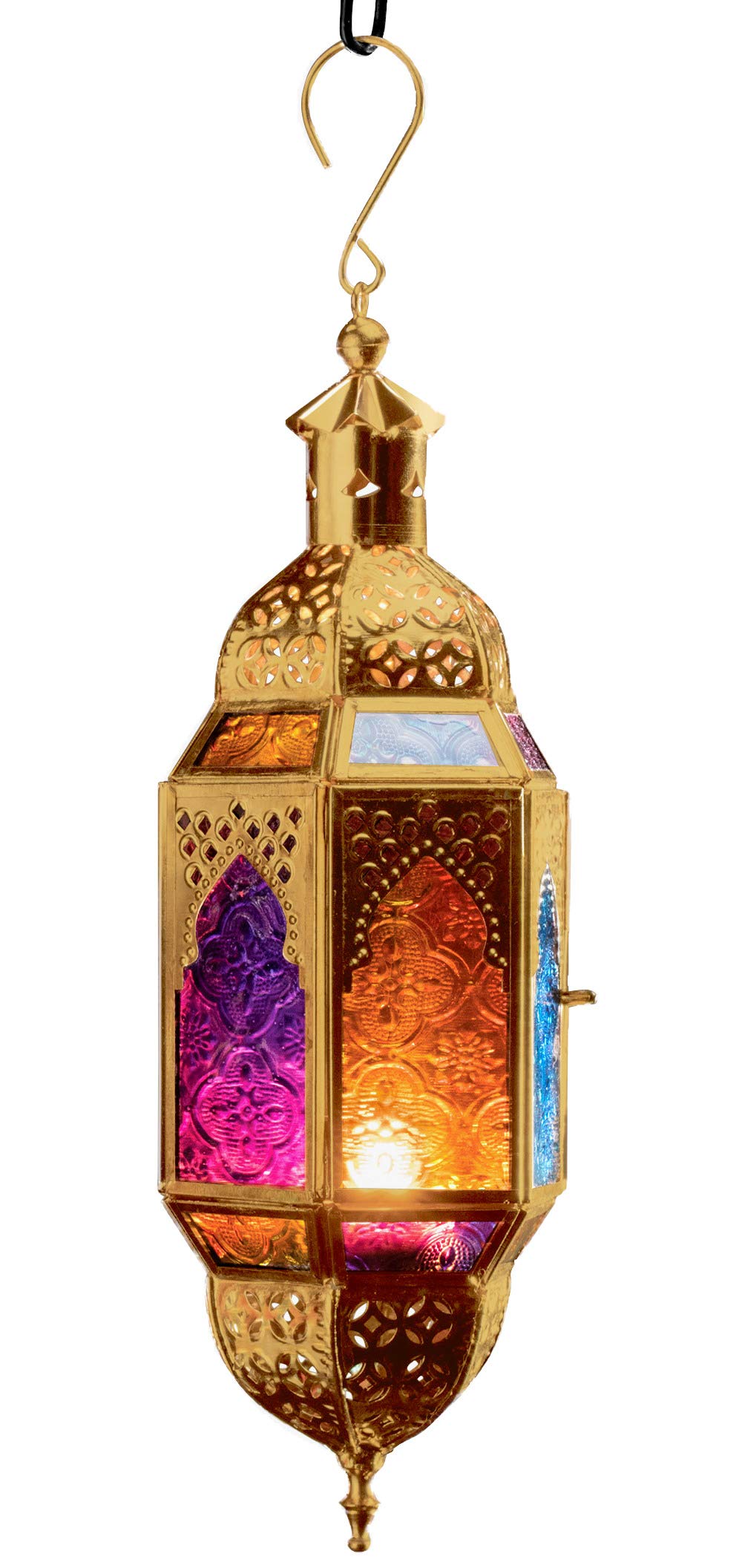 Purity Ornate Moroccan Style Hanging Lantern for Tealights - Multi Coloured Glass and Gold Coloured Metal (Small 10 x 8.5 x 29.5cm)