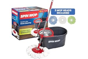 SIMPLI-MAGIC 79349 Spin Mop Cleaning System with 3 Microfiber Mop Heads, Red/GRAY,Red/Black