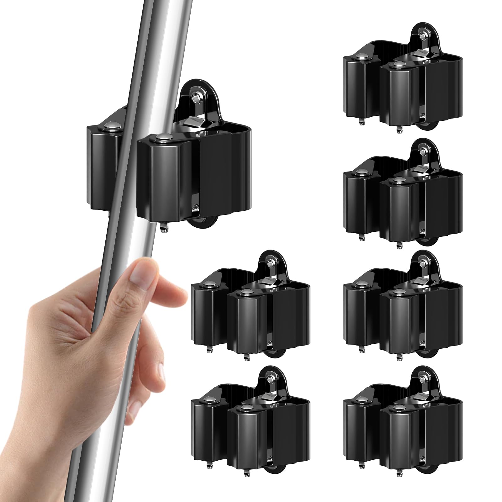 3-H Broom Holder Wall Mounted 6Pcs, Stainless Steel Mop Holder, Broom Storage Heavy Duty Tool Hook Brush Storage Organiser with Non-slip Silicone Gear for Garage Garden Shed Bathroom Kitchen (Black)