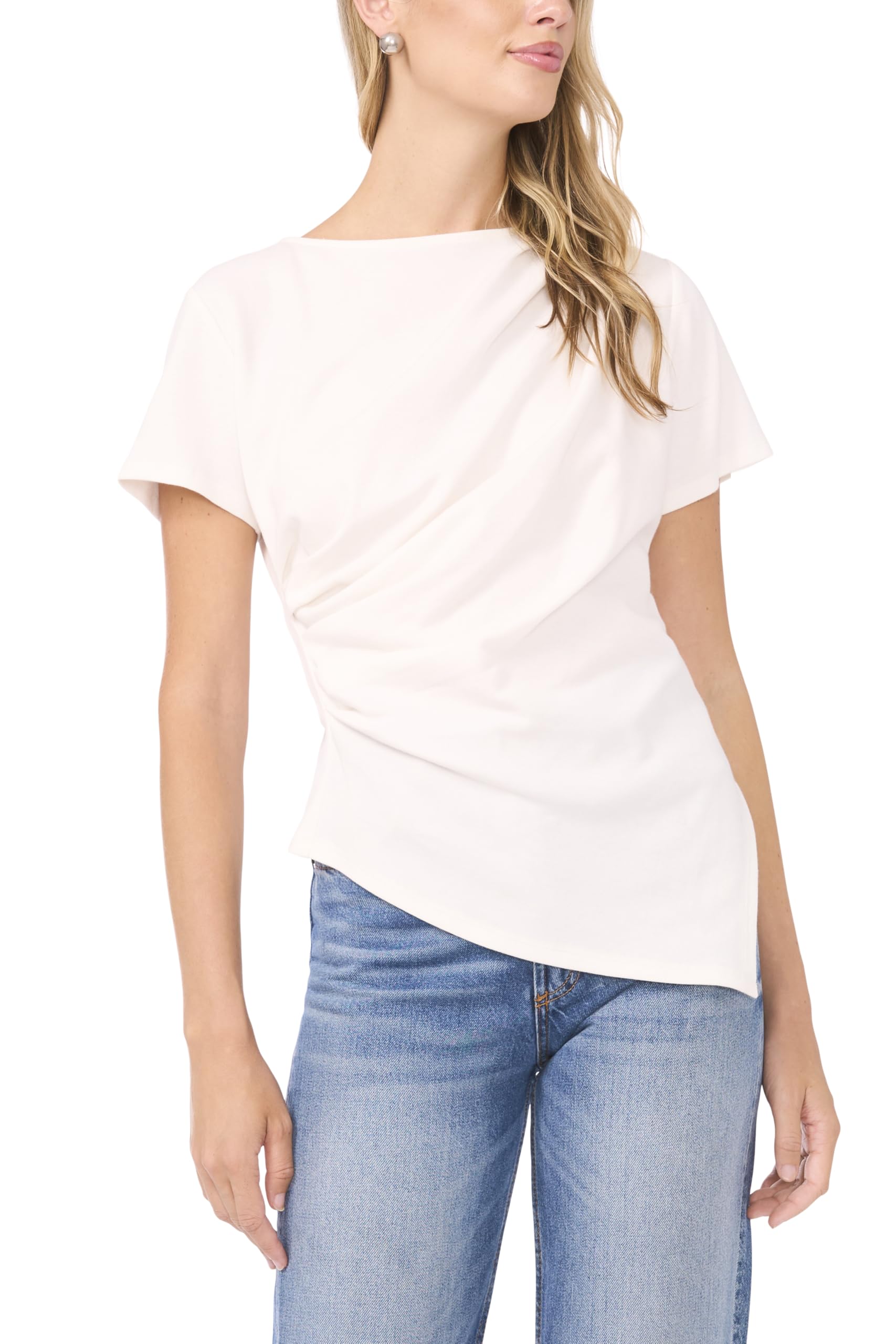 Vince Camuto Womens Asymmetrical Short Sleeve, Ultra White, X-Small