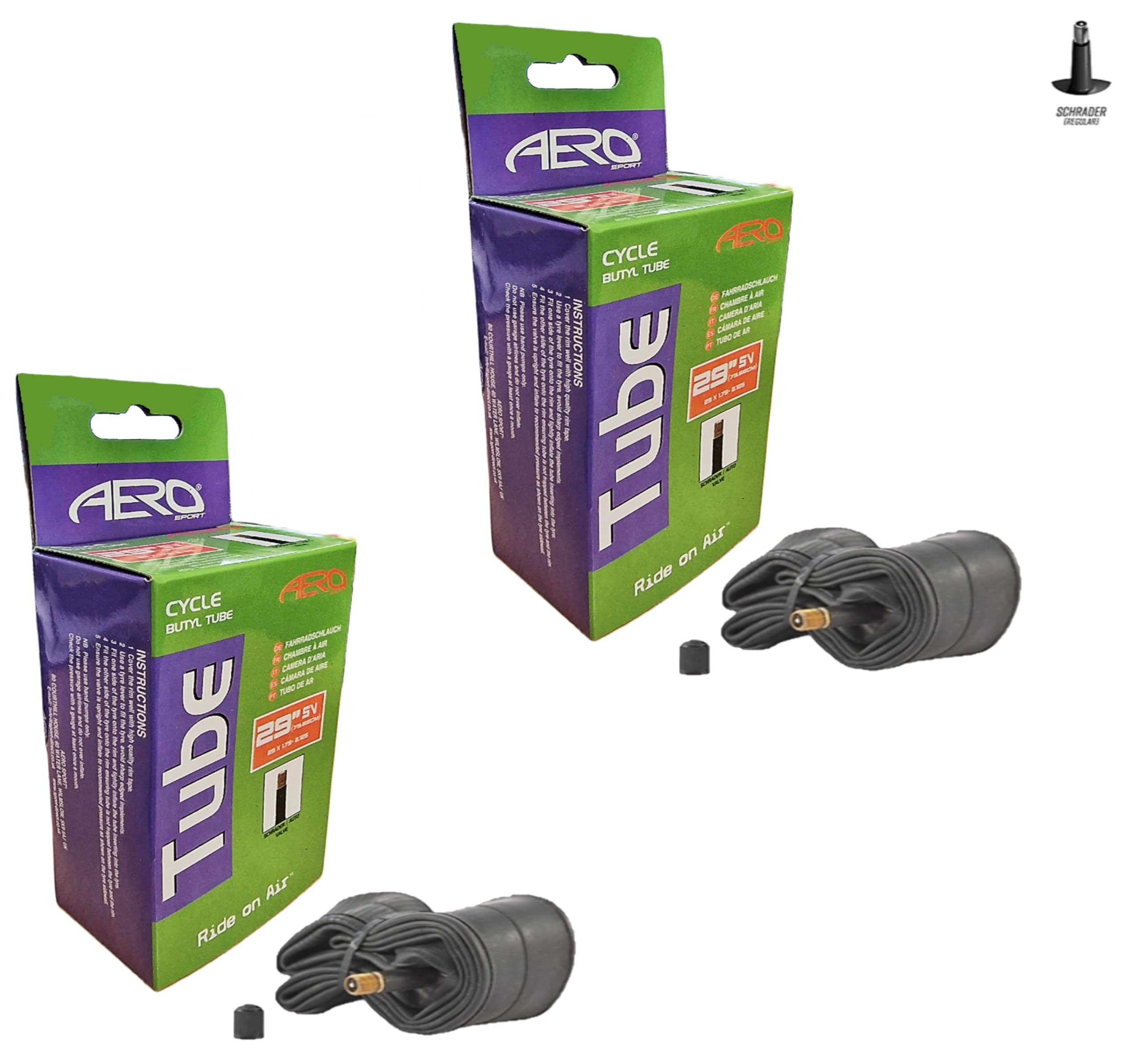 2 X Aero Sport E-Bike/Bike Butyl Rubber Inner Tubes to fit 29" x 1.75-2.125 with Schrader Valves
