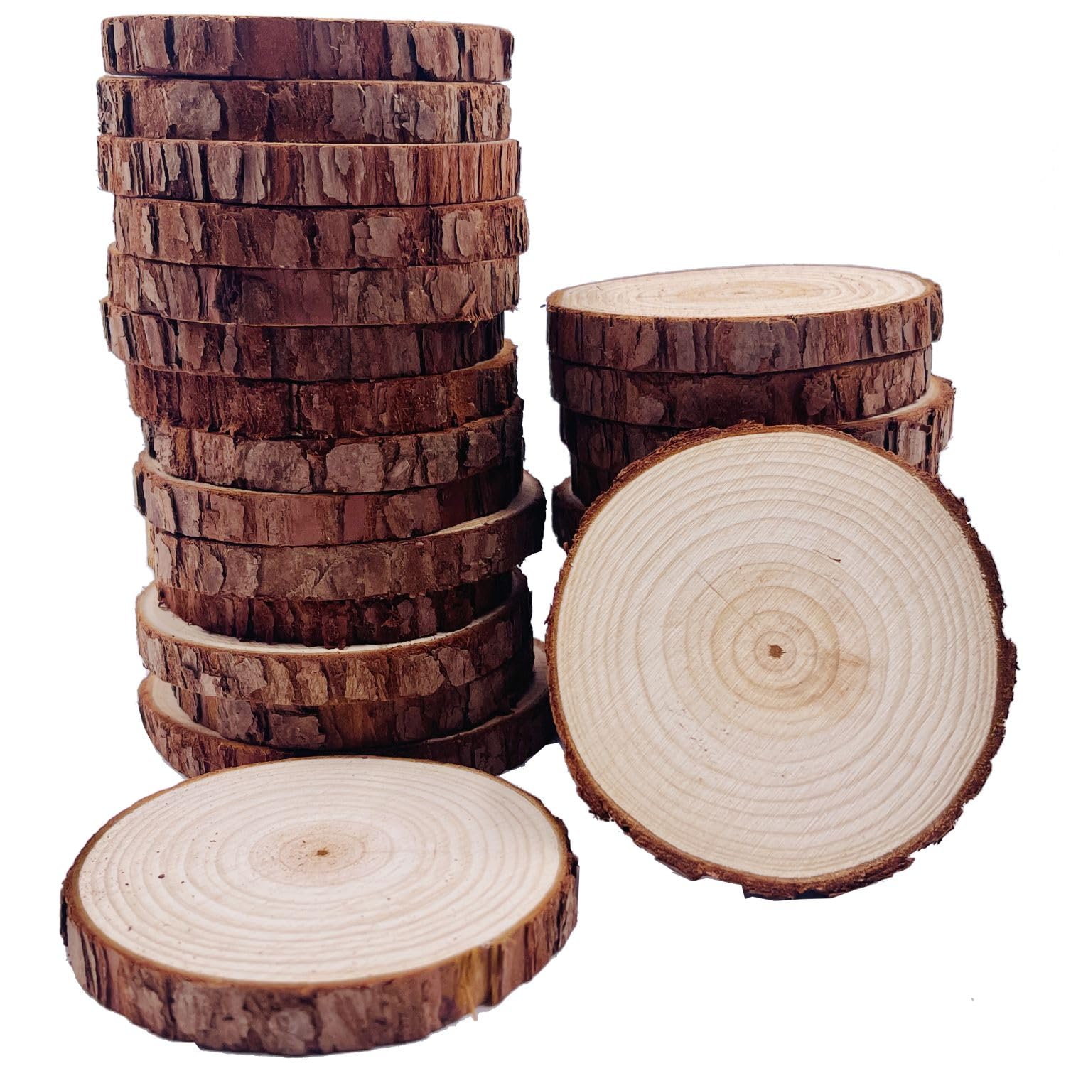 Natural Wood Slices 25 Pcs 8-9cm Unfinished Wood Craft Kit Undrilled Wooden Circles Without Hole Tree Slice with Bark for Arts Painting Christmas Ornaments DIY Crafts