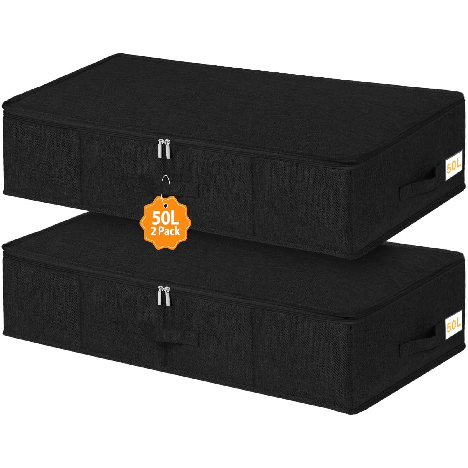 Huquter 2 Pack 50L 17 cm Tall Under Bed & Sofa Storage Boxes with Zipped Lids, Foldable Fabric Underbed Organisers with Rigid Sides and Base for Clothes, Duvets, Bedding and Blankets, Black