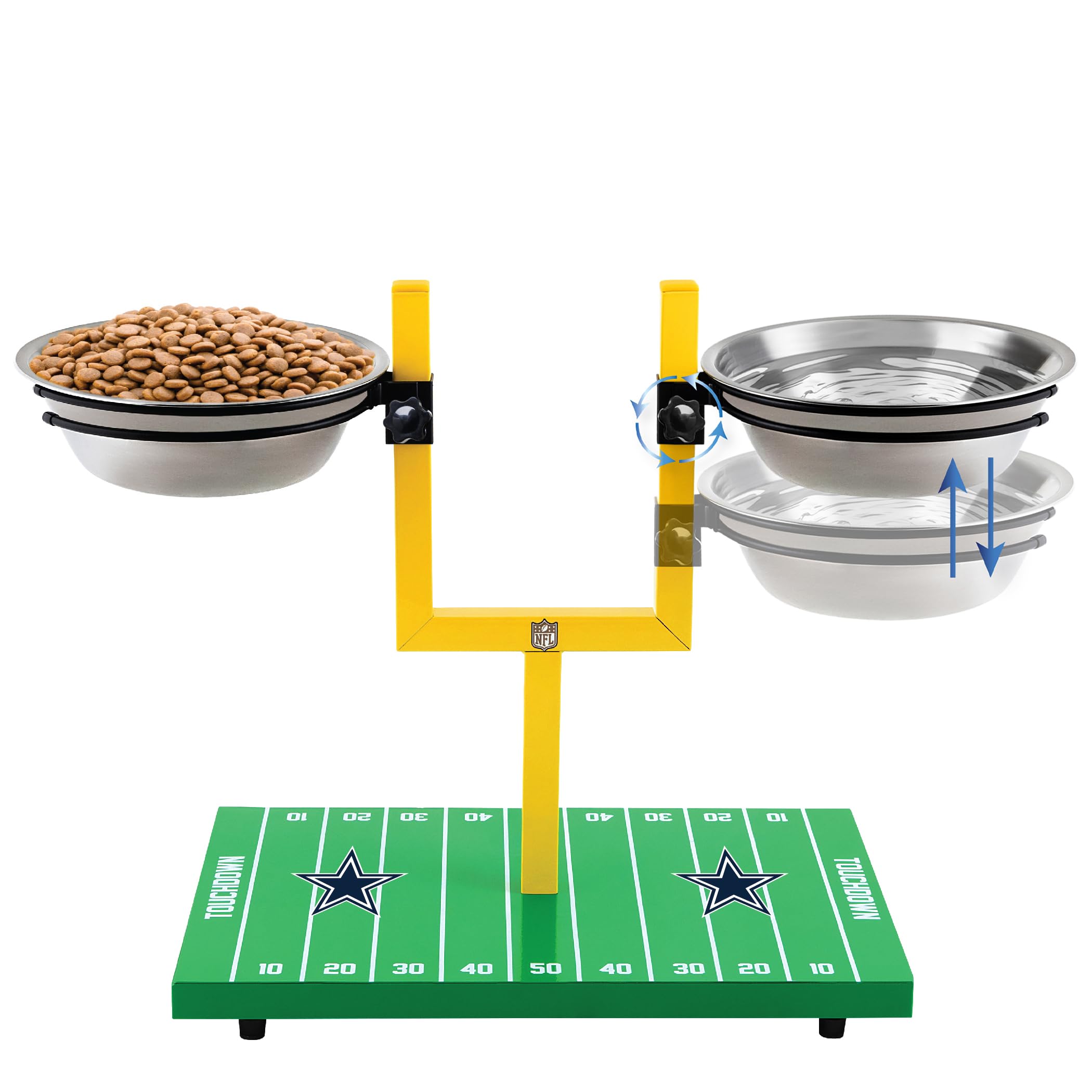 Photo 1 of NFL Dallas Cowboys Goalpost Football Field Dog Feeder – Adjustable Elevated Dog Bowls with Stand, 2 Stainless Steel Bowls, Non-Slip Rubber Feet, Raised Pet Feeder for Large & Small Dogs, Cats.
