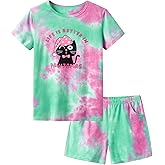 Beezizac Tie Dye Pajamas for Girls - 100% Cotton Glitter Butterfly Cat Summer Short Sleeve PJ Set Tween Clothes Size 4T - 18