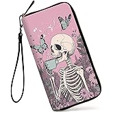 SDDFRHGH Wristlet Wallets for Women,Large Capacity RFID Blocking Leather Zip Around Travel Wallet Phone Purse Clutch Bag w/8 Cards Holder & Zip Inner Pocket-Goth Aesthetic skull