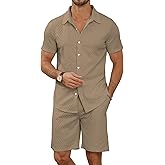 MLANM Men's 2 Piece Outfit Summer Short Sleeve Button Down Shirts and Shorts Sets with Pockets