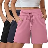 Neer 3 Pack Women's Bermuda Shorts, Knee Length Wide High Waisted Drawstring Casual Athletic Shorts with Pockets