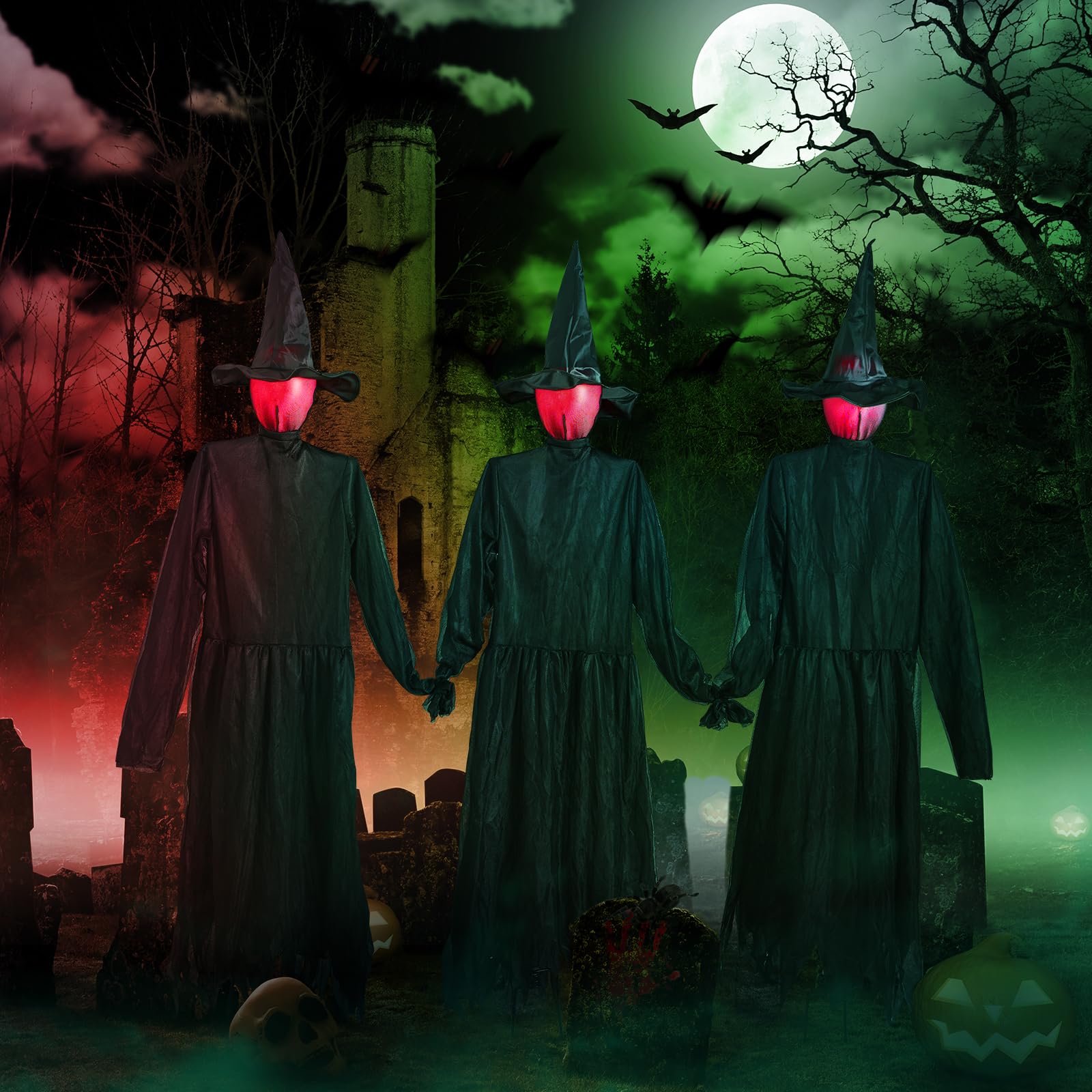Photo 1 of Halloween Decorations Outdoor 3PCS Light Up Witches Holding Hands Witches with Stakes, Scary Screaming Witches with Glowing Face, Creepy Halloween Party Props Decor for Yard Garden Outside Lawn Porch