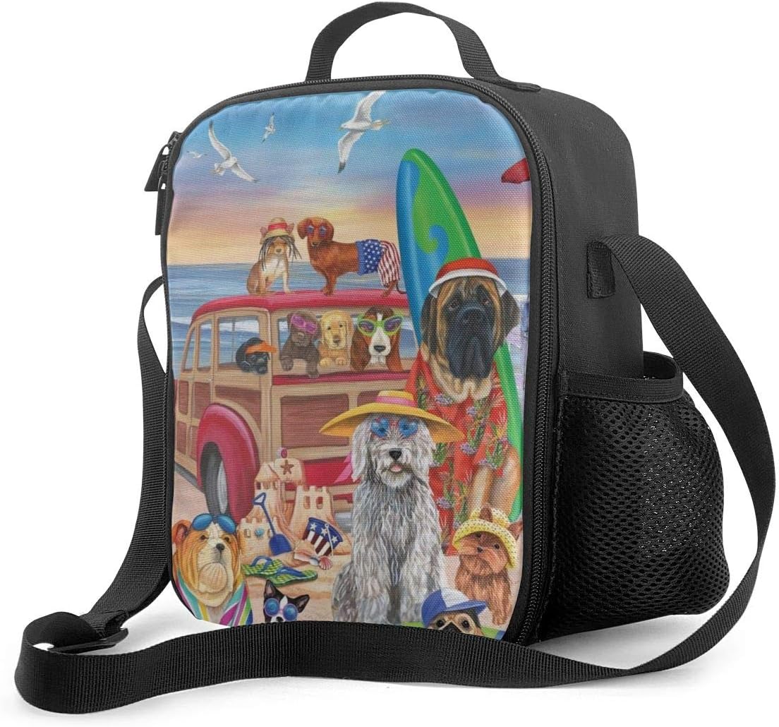 Dog Family's Beach Holiday Neoprene Lunch Bag - Reusable Insulated Waterproof School Picnic Carrying Gourmet Lunchbox Container Organizer for Women, Adults, Kids, Girls