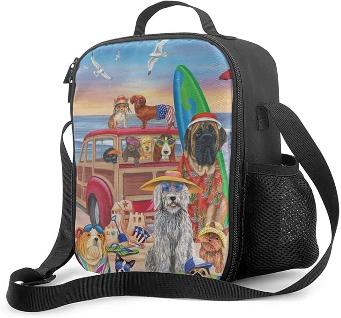 Dog Family's Beach Holiday Neoprene Lunch Bag - Reusable Insulated Waterproof School Picnic Carrying Gourmet Lunchbox Container Organizer for Women, Adults, Kids, Girls