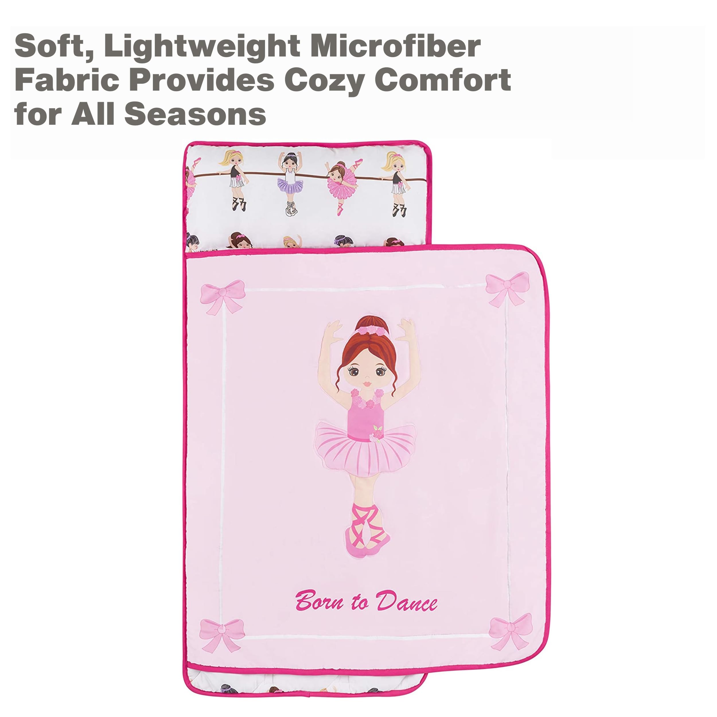 EVERYDAY KIDS Toddler Nap Mat with Removable Pillow -Born to Dance Ballerina- Carry Handle with Straps Closure, Rollup Design, Soft Microfiber for Preschool, Daycare, Sleeping Bag - Ages 2-6 Years