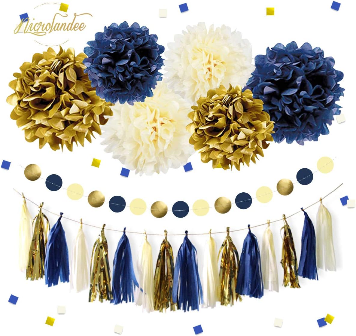 NICROLANDEE Navy Blue Gold Party Decoration Kit Nautical Baby Shower Hanging Pom Poms Paper Garland Party Confetti for Navy Party Get Ready Bridal Shower Wedding Birthday Bachelorette (Navy Gold): Health & Personal Care