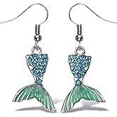 Aqua79 Silver Mermaid Tail Sparkling Earrings - Cute Silver Dangle Earrings Plated in Silver Color with Zinc Alloy Mermaid Tail Charm Sparkly Pendant, Elegant Silver Earrings