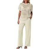 GRECERELLE 2026 Women 2 Piece Sets Crochet Sheer Knit Sweater Top & Wide Leg Pants Lounge Travel Matching Outfits Clothes