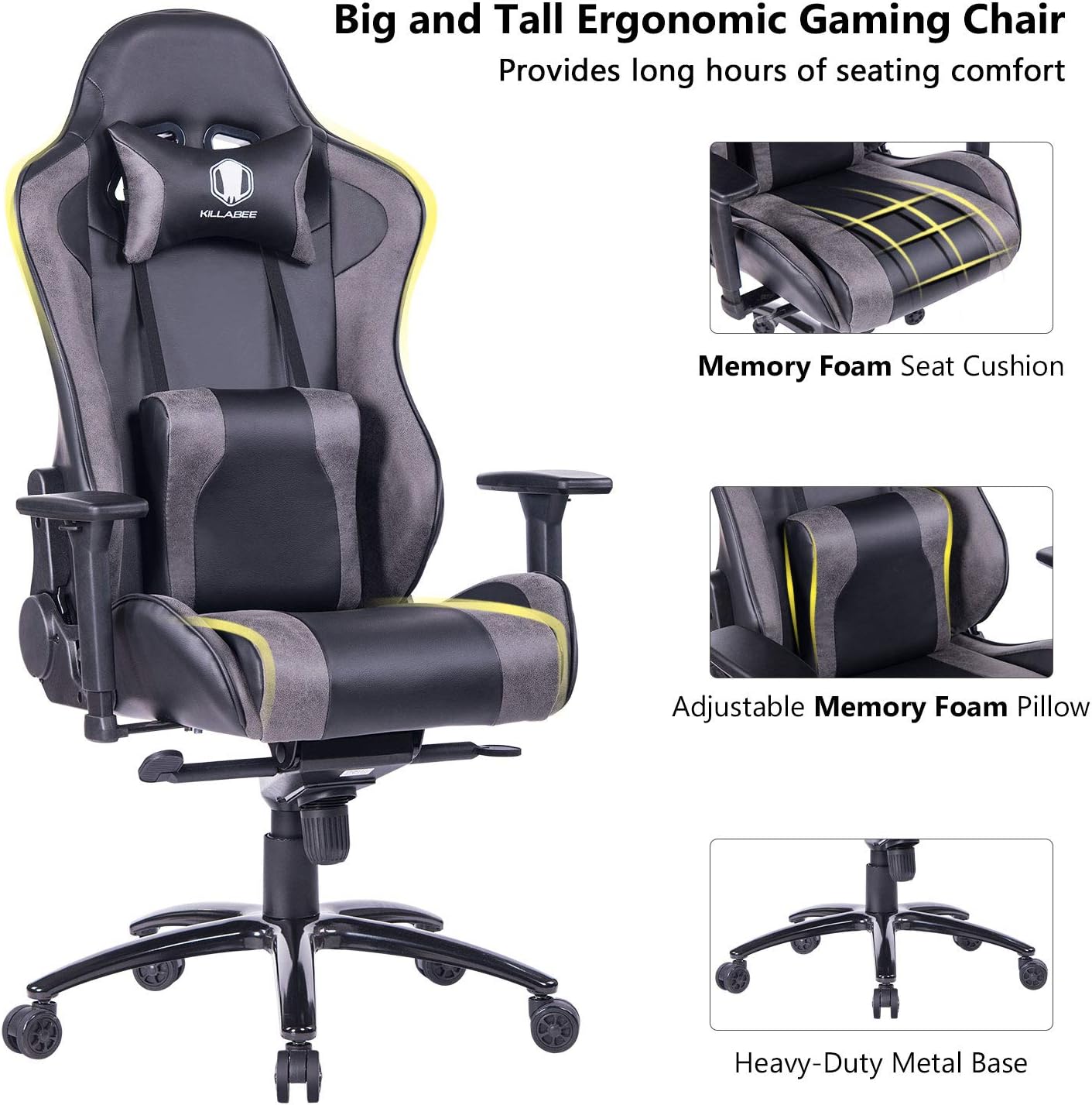 KILLABEE Big and Tall Metal Base Gaming Chair - Ergonomic Leather Racing Computer Chair High-Back Office Desk Chair with Adjustable Memory Foam Lumbar Support and Headrest, Gray/Black