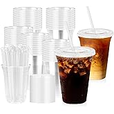 Fogein 16 oz 100 Pack Clear Plastic Cups with Lids and Straw,leak-proof durable,To-Go Cold Coffee Cups,Disposable Cold Drink Cups for Parties, Outdoor Events, Cafes, and Smoothies