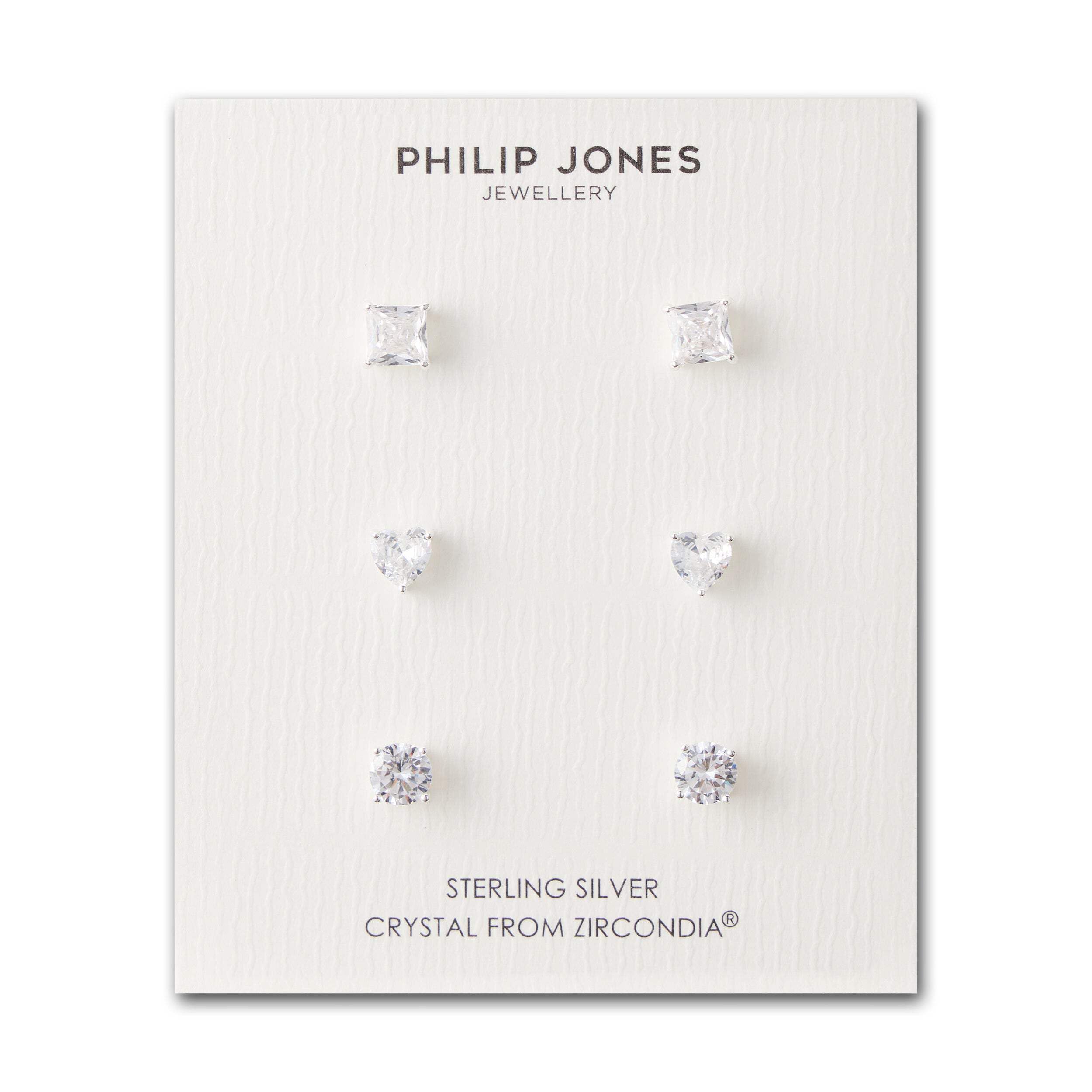Philip Jones 3 Pairs of Sterling Silver Shaped Earrings Created with Zircondia® Crystals