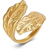 AOLIMI Gold Plated Rings for Women Chunky Leaf Open Ring Stackable Rings Adjustable Stainless Steel Statement Ring Trendy Jewelry