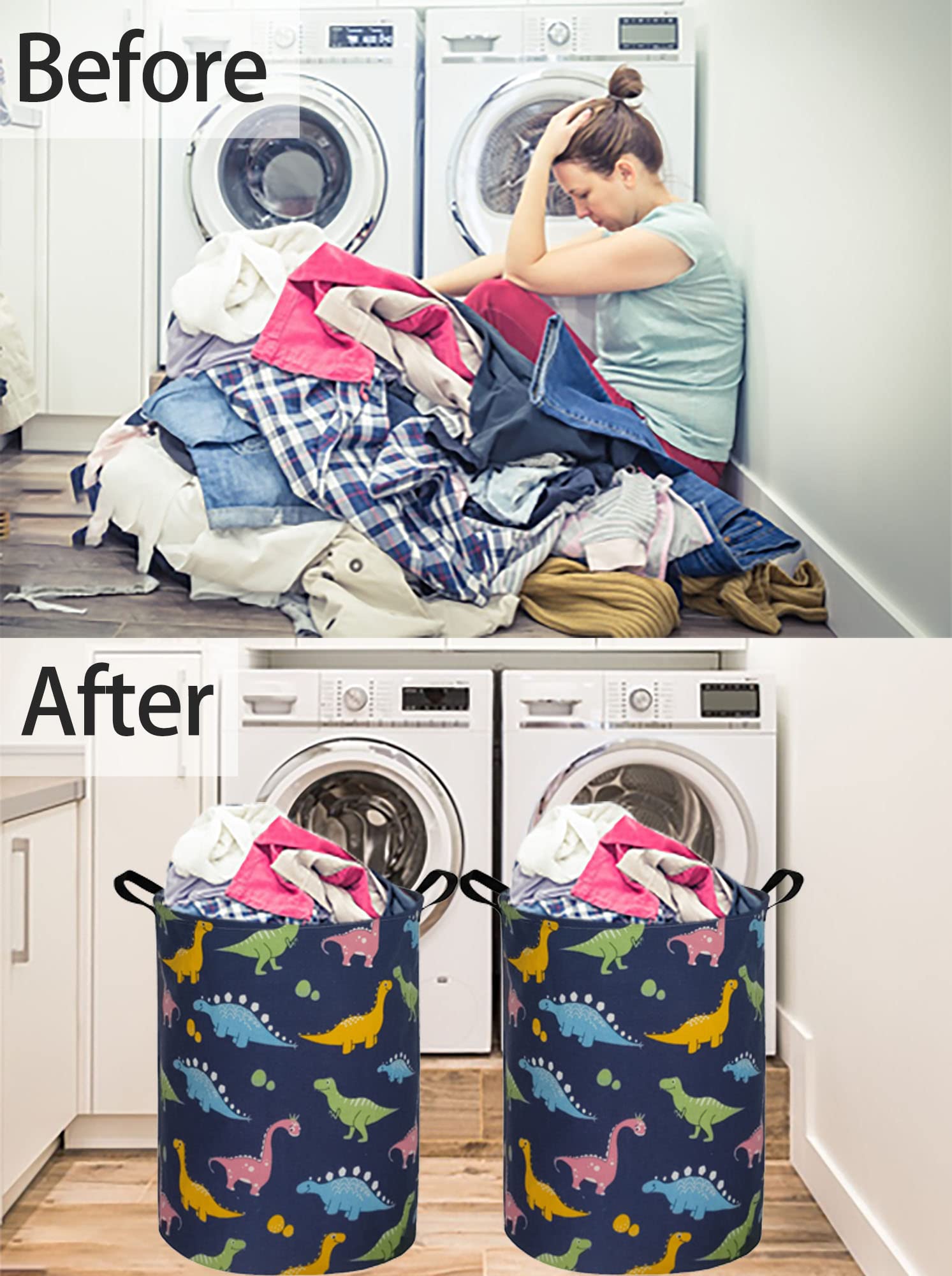 Essme Dinosaur Laundry Basket Storage Bin large Collapsible Canvas Waterproof Coating Nursery hamper for Toy Bins,Baby hamper,Boys and Girls,Home Organizer.(Navy Blue dinosaur)