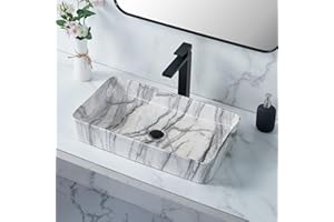 Rectangular Vessel Sink Black White Marble Coated,VALISY 24"x14" Inch Bathroom Vessel Sink Rectangle Above Counter Sink,Porcelain Ceramic Countertop Washing Art Basin for Vanity Lavatory Bath Cabinet