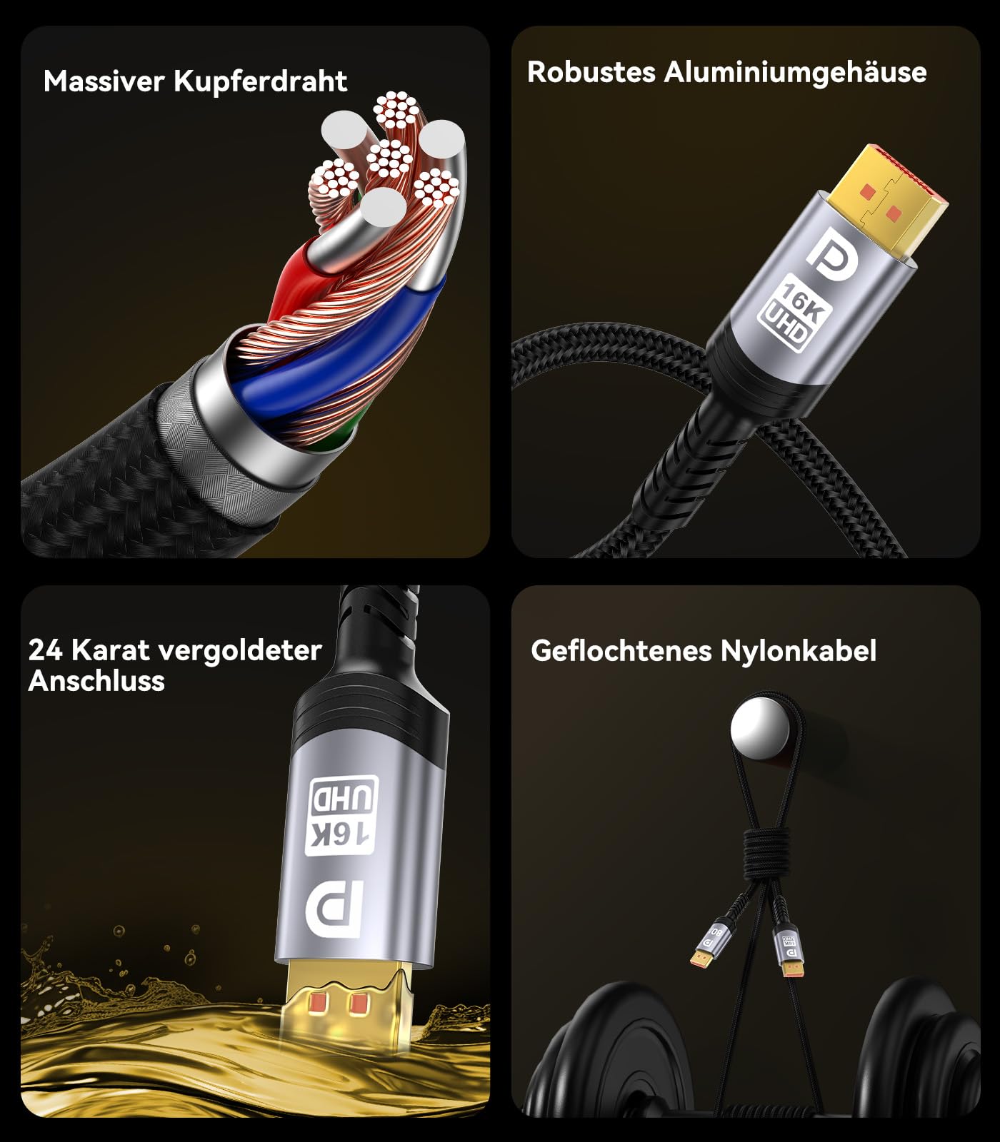 Sniokco 80Gbps DisplayPort Kabel 2.1 1.5M, VESA-Zertifiziert DP Kabel für 16K@60Hz 8K@240Hz 4K@540Hz 360Hz 240Hz Kompatibel mit HDR HDCP 2.3 DSC FreeSync G-Sync Grafikkarten RTX 5090 4090 PC 8