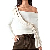 RoseSeek Women's Off The Shoulder Tops Asymmetrical Tie Long Sleeve T Shirts Ruched Elegant Tee Top