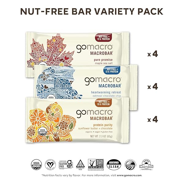GOMACRO MACROBAR ORGANIC VEGAN PROTEIN BARS, NUT FREE VARIETY PACK, 2.3 OZ, 12 COUNT