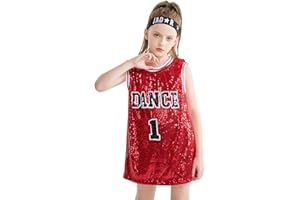 LOLANTA Girls Hip Hop Dance Clothes Kids Jersey Sequin Dress Long Tank Top Jazz Cheerleading T-Shirt