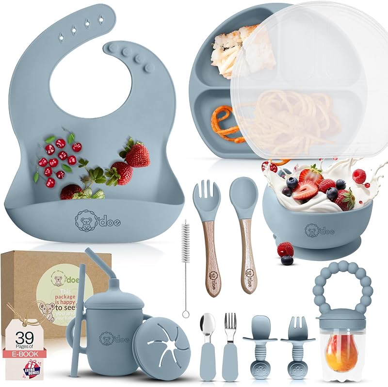 o'doe 17-Piece Baby Led Weaning Feeding Set Blue V2 Silicone Spoons